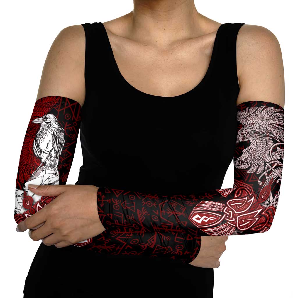 Raven and Serpent Norse Mythology Arm Sleeves Red and White Viking Line Art