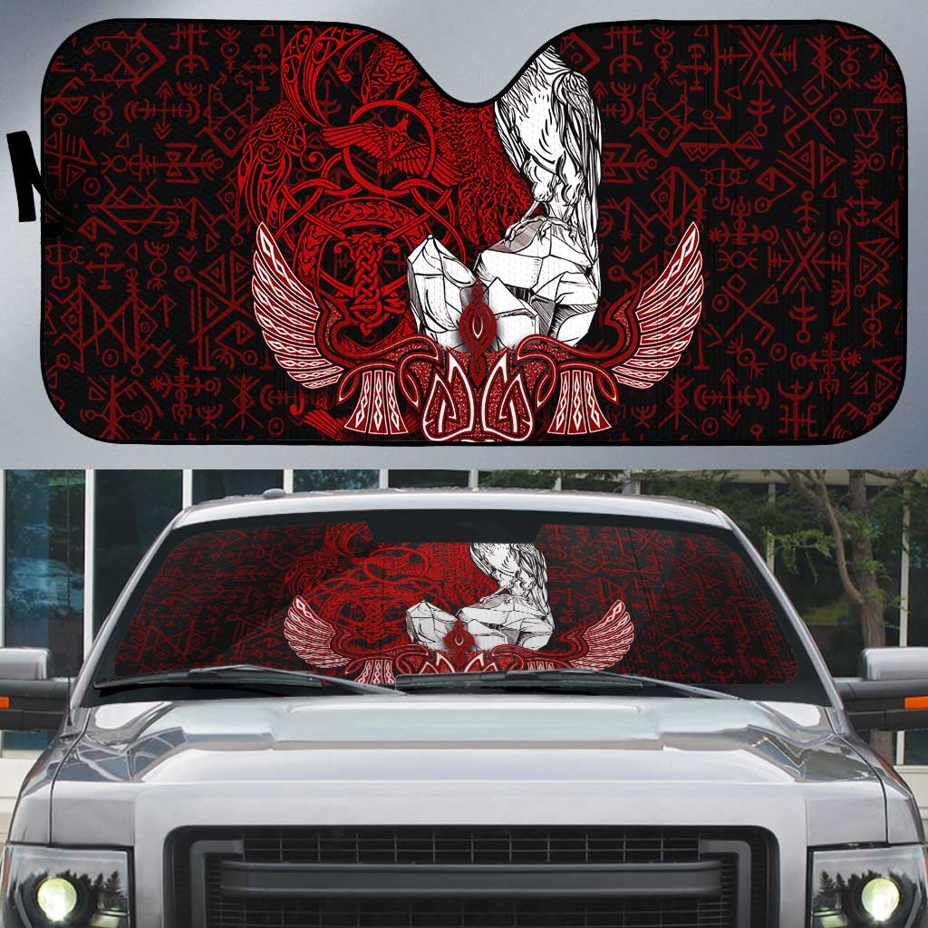 Raven and Serpent Norse Mythology Auto Sun Shade Red and White Viking Line Art