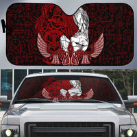 Raven and Serpent Norse Mythology Auto Sun Shade Red and White Viking Line Art