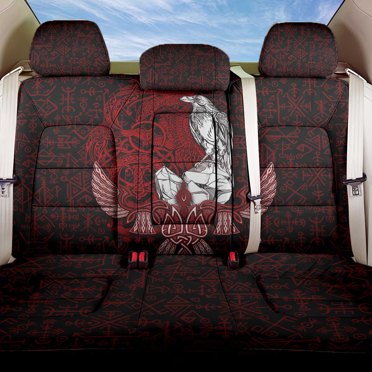 Raven and Serpent Norse Mythology Back Car Seat Cover Red and White Viking Line Art