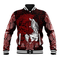 Raven and Serpent Norse Mythology Baseball Jacket Red and White Viking Line Art