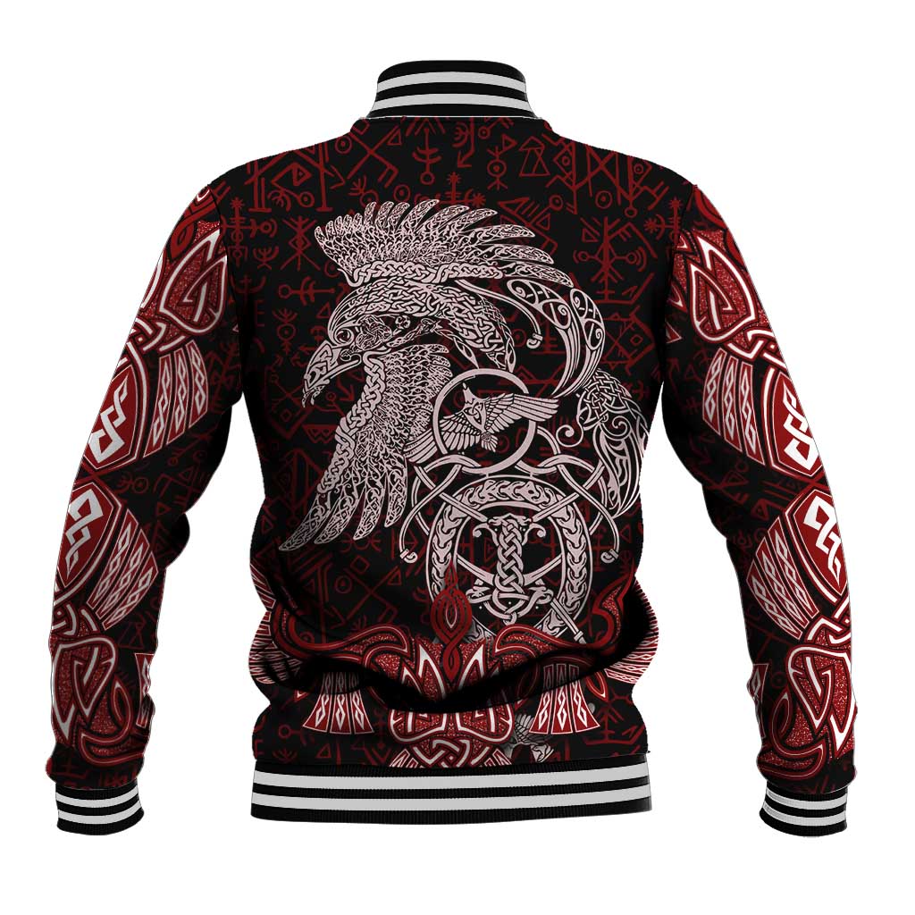 Raven and Serpent Norse Mythology Baseball Jacket Red and White Viking Line Art