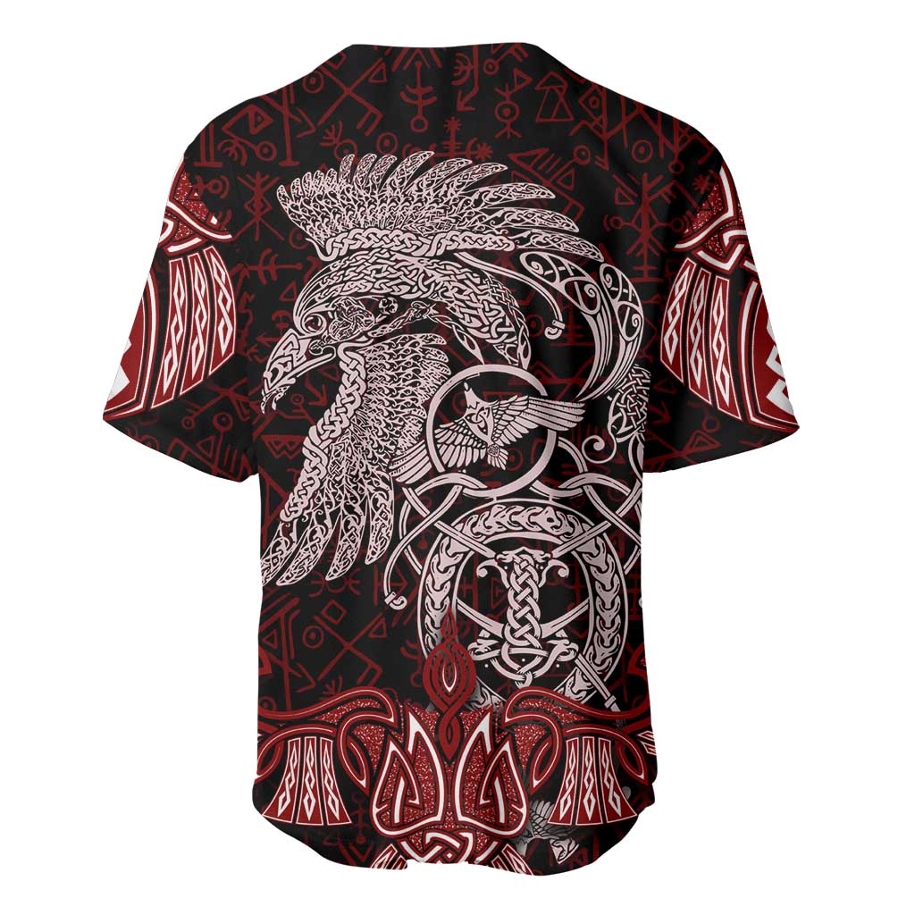 Raven and Serpent Norse Mythology Baseball Jersey Red and White Viking Line Art