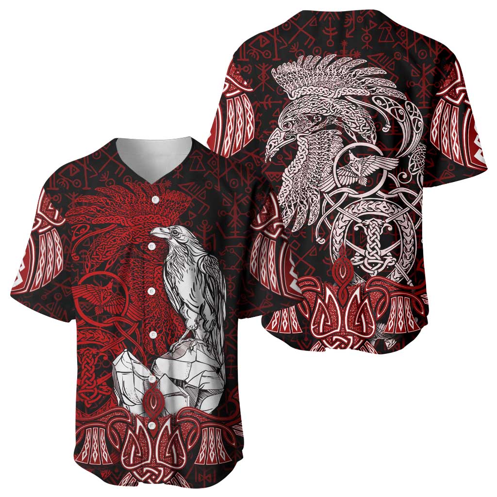 Raven and Serpent Norse Mythology Baseball Jersey Red and White Viking Line Art