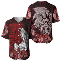 Raven and Serpent Norse Mythology Baseball Jersey Red and White Viking Line Art
