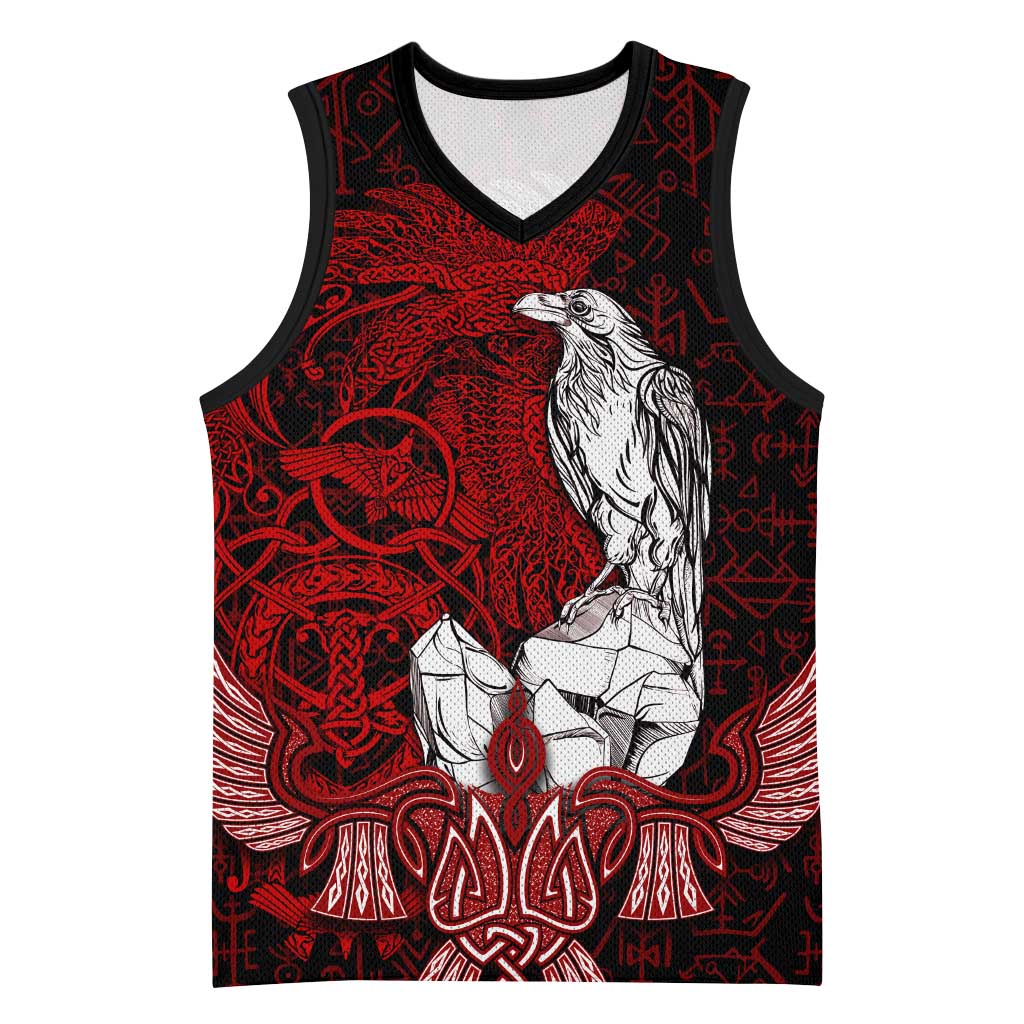 Raven and Serpent Norse Mythology Basketball Jersey Red and White Viking Line Art