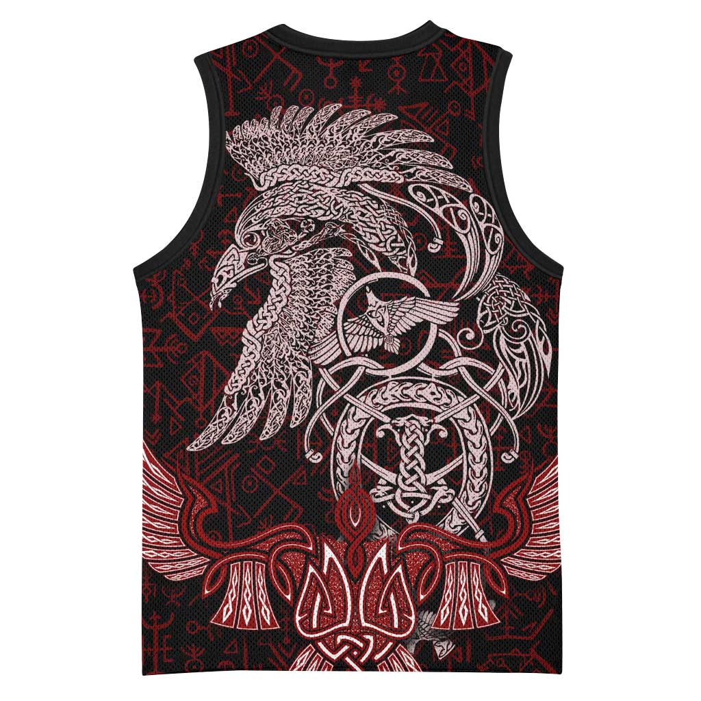 Raven and Serpent Norse Mythology Basketball Jersey Red and White Viking Line Art