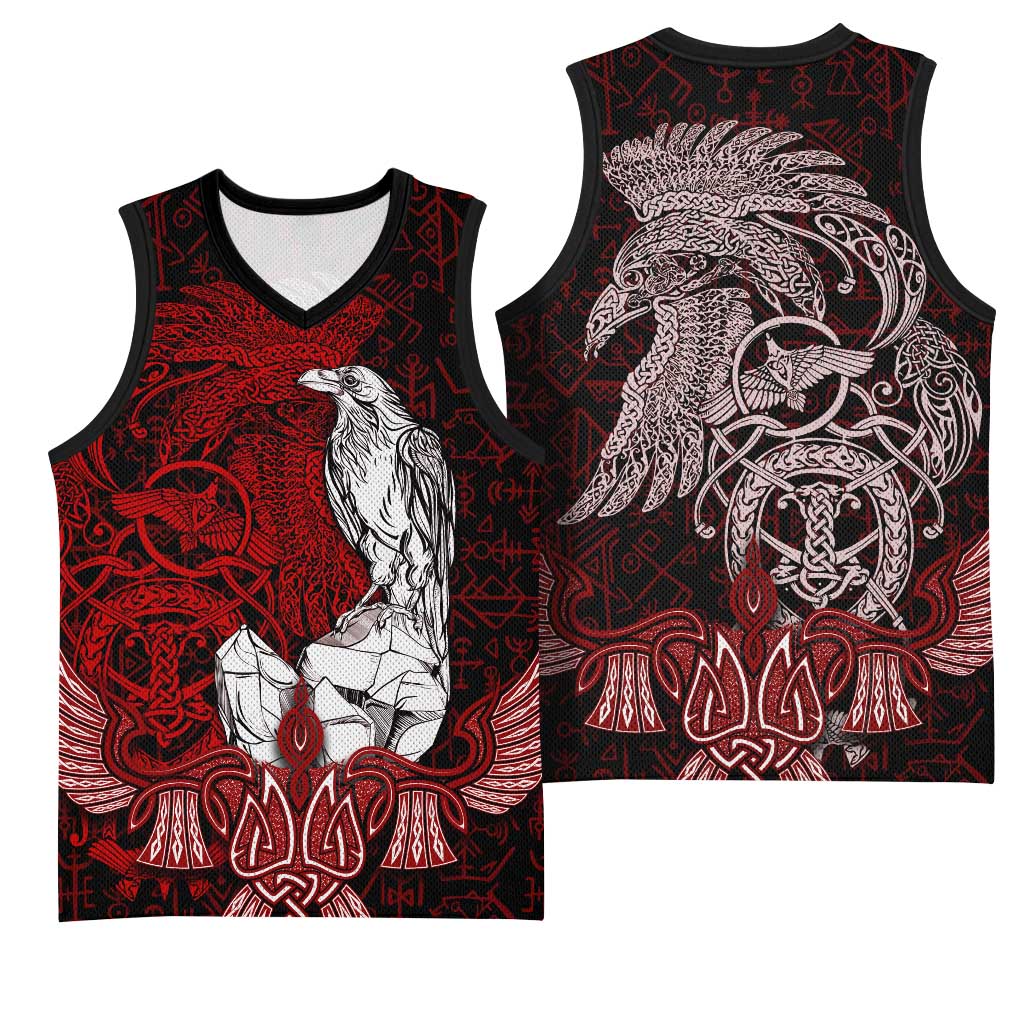 Raven and Serpent Norse Mythology Basketball Jersey Red and White Viking Line Art