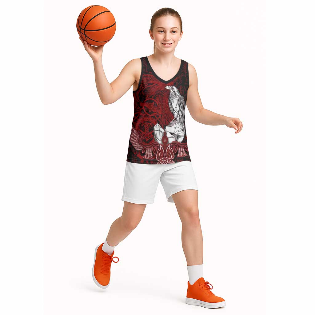 Raven and Serpent Norse Mythology Basketball Jersey Red and White Viking Line Art