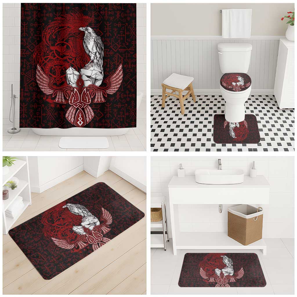 Raven and Serpent Norse Mythology Bathroom Set Red and White Viking Line Art