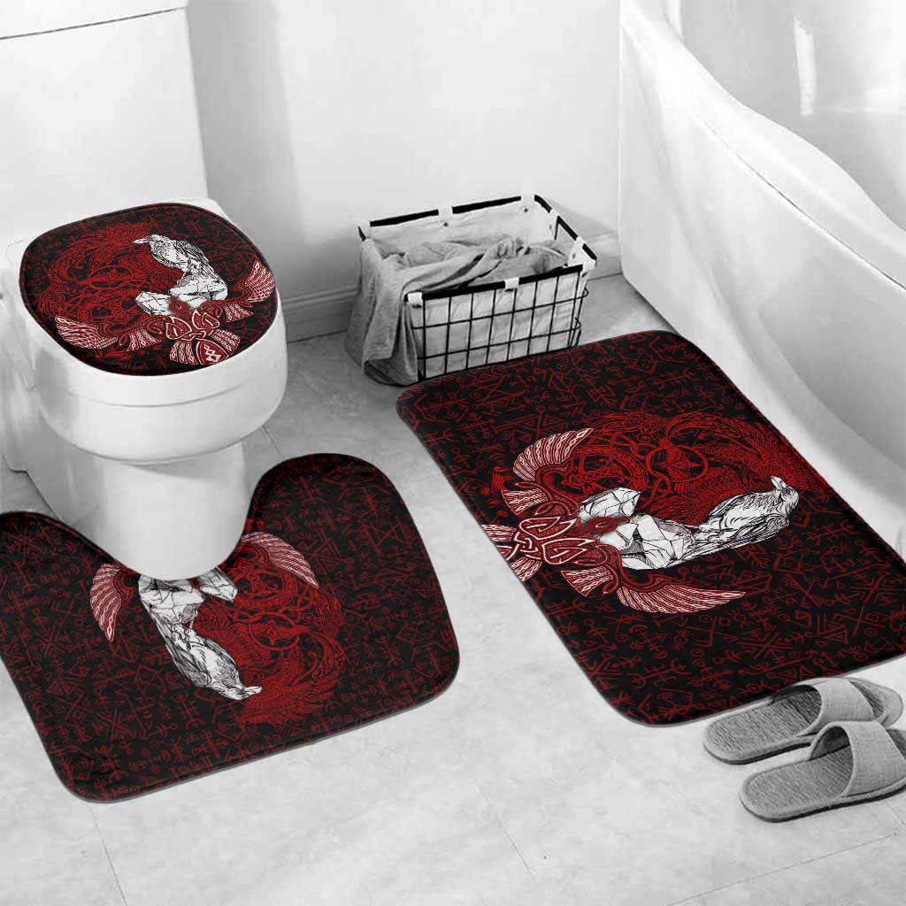 Raven and Serpent Norse Mythology Bathroom Set Red and White Viking Line Art