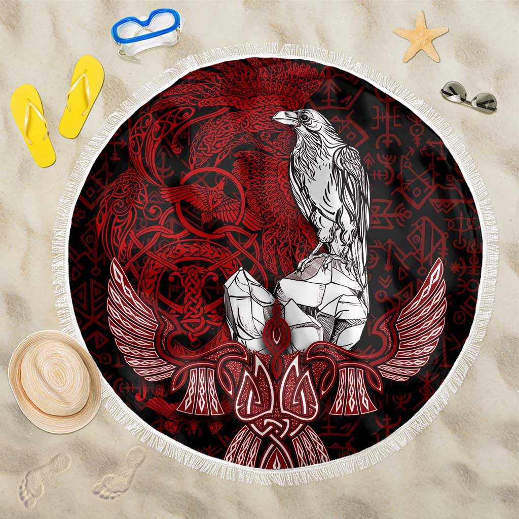 Raven and Serpent Norse Mythology Beach Blanket Red and White Viking Line Art