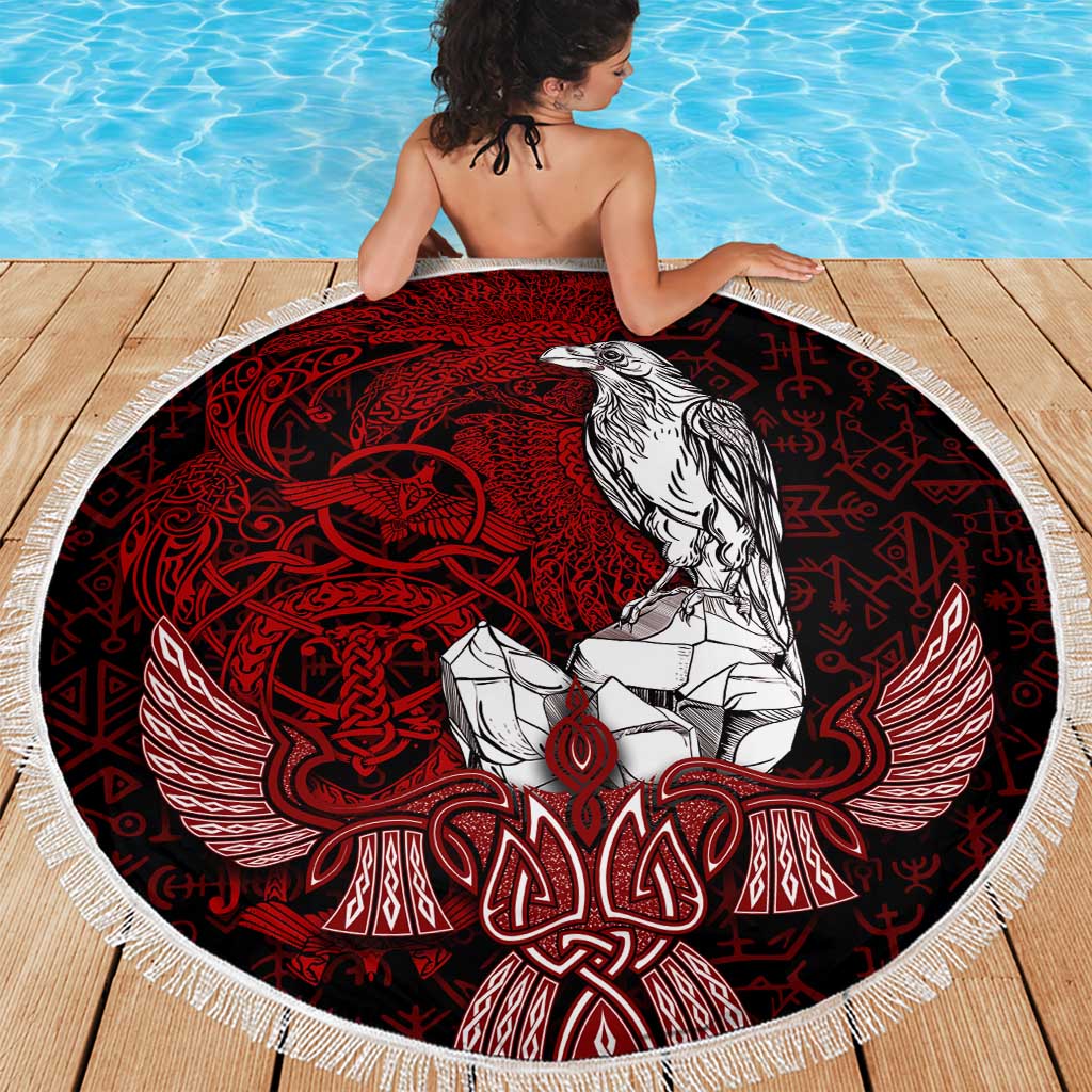 Raven and Serpent Norse Mythology Beach Blanket Red and White Viking Line Art