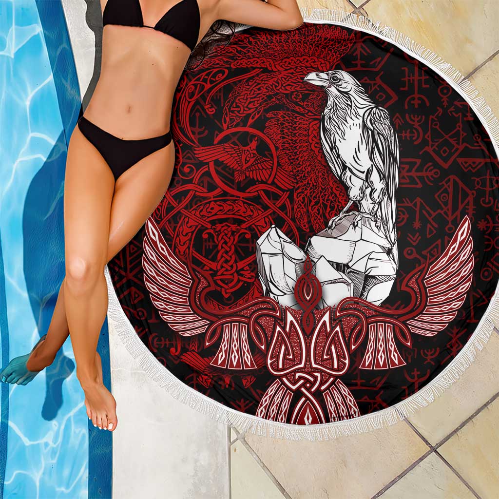 Raven and Serpent Norse Mythology Beach Blanket Red and White Viking Line Art
