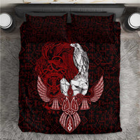 Raven and Serpent Norse Mythology Bedding Set Red and White Viking Line Art
