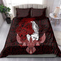 Raven and Serpent Norse Mythology Bedding Set Red and White Viking Line Art