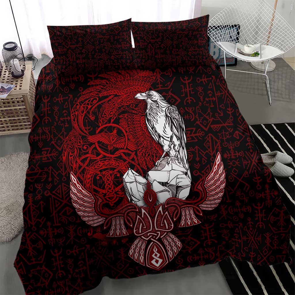 Raven and Serpent Norse Mythology Bedding Set Red and White Viking Line Art