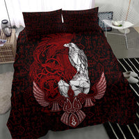 Raven and Serpent Norse Mythology Bedding Set Red and White Viking Line Art