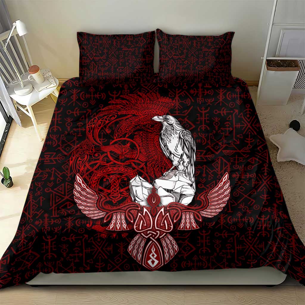 Raven and Serpent Norse Mythology Bedding Set Red and White Viking Line Art