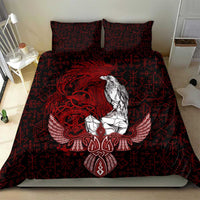 Raven and Serpent Norse Mythology Bedding Set Red and White Viking Line Art