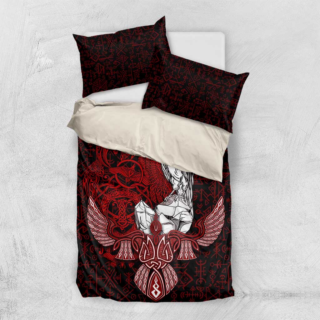 Raven and Serpent Norse Mythology Bedding Set Red and White Viking Line Art