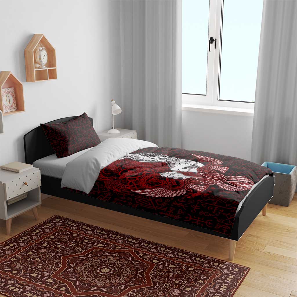 Raven and Serpent Norse Mythology Bedding Set Red and White Viking Line Art