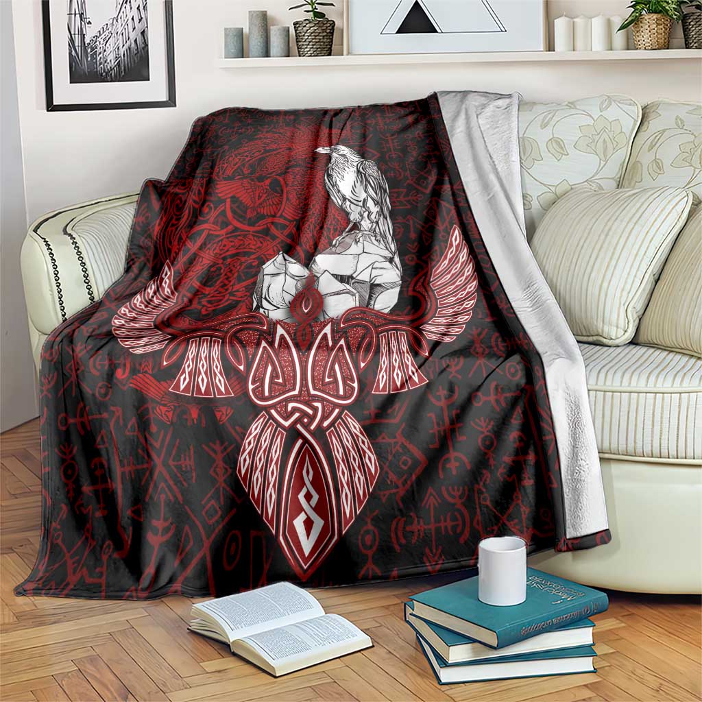 Raven and Serpent Norse Mythology Blanket Red and White Viking Line Art