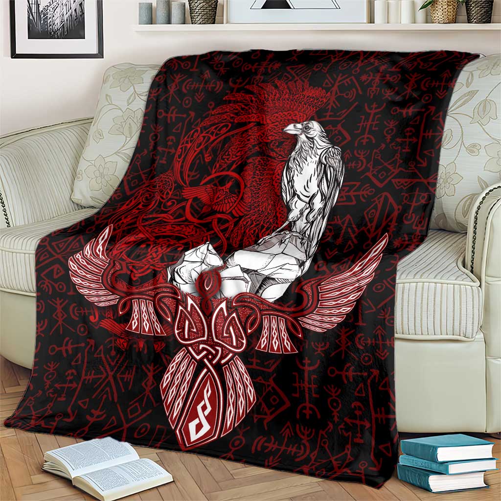Raven and Serpent Norse Mythology Blanket Red and White Viking Line Art
