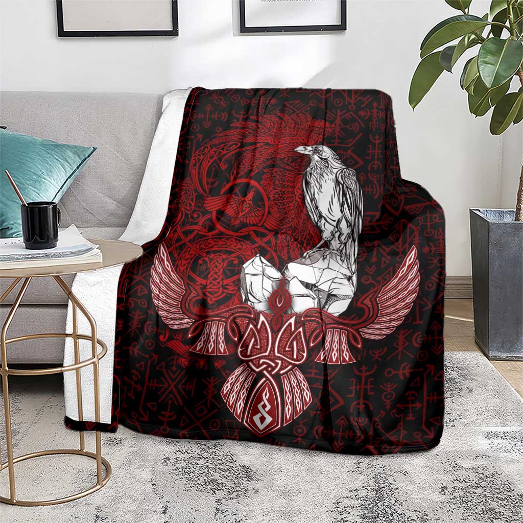 Raven and Serpent Norse Mythology Blanket Red and White Viking Line Art