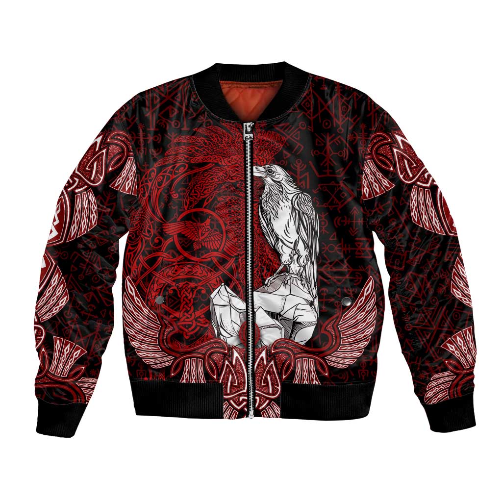 Raven and Serpent Norse Mythology Bomber Jacket Red and White Viking Line Art