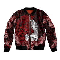 Raven and Serpent Norse Mythology Bomber Jacket Red and White Viking Line Art