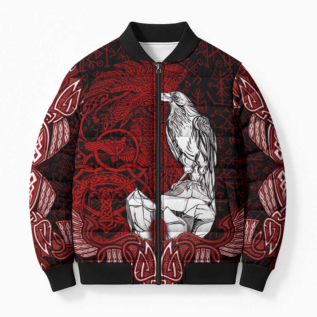 Raven and Serpent Norse Mythology Bomber Puffer Jacket Red and White Viking Line Art