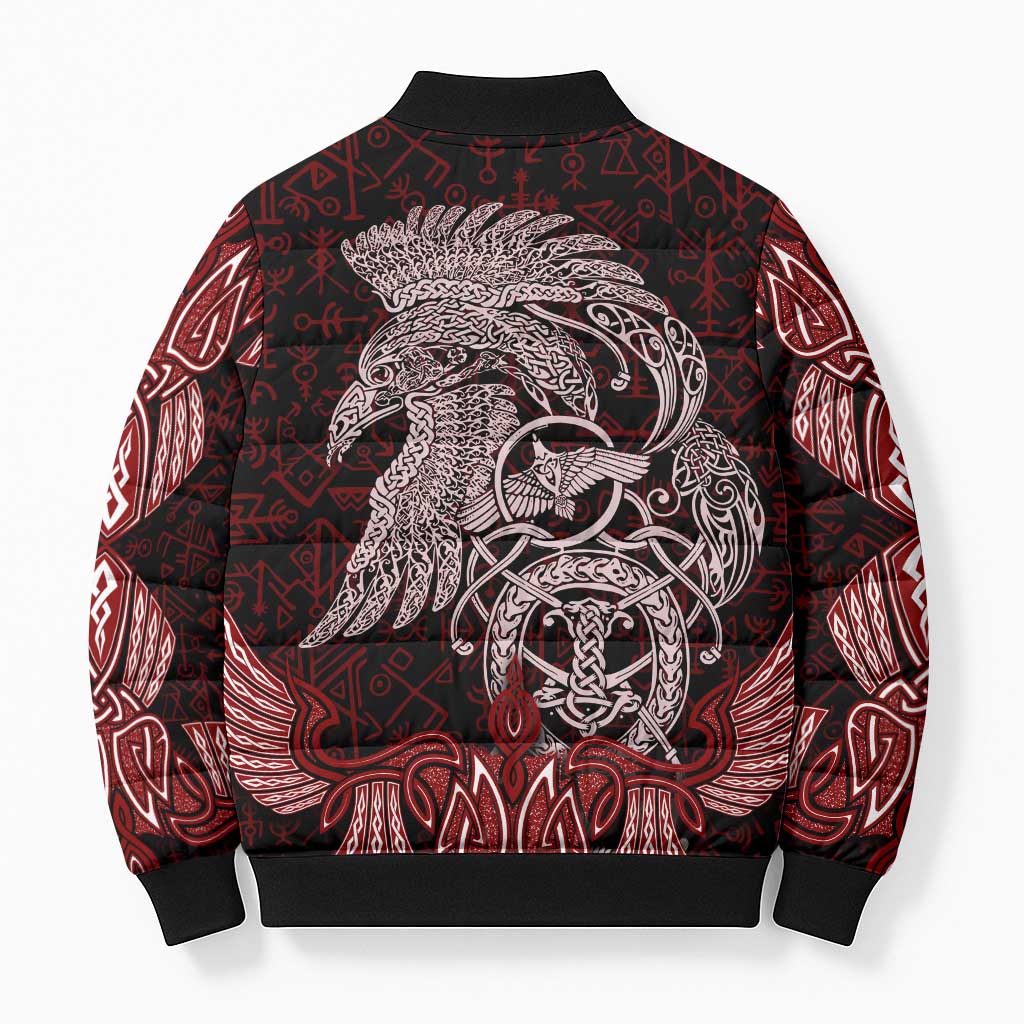 Raven and Serpent Norse Mythology Bomber Puffer Jacket Red and White Viking Line Art