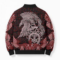 Raven and Serpent Norse Mythology Bomber Puffer Jacket Red and White Viking Line Art