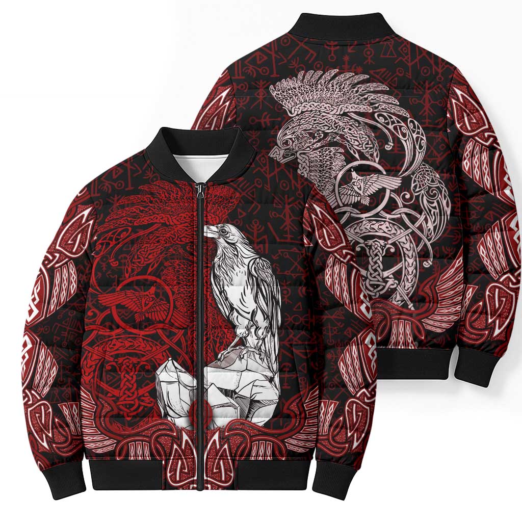 Raven and Serpent Norse Mythology Bomber Puffer Jacket Red and White Viking Line Art
