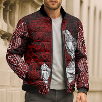 Raven and Serpent Norse Mythology Bomber Puffer Jacket Red and White Viking Line Art