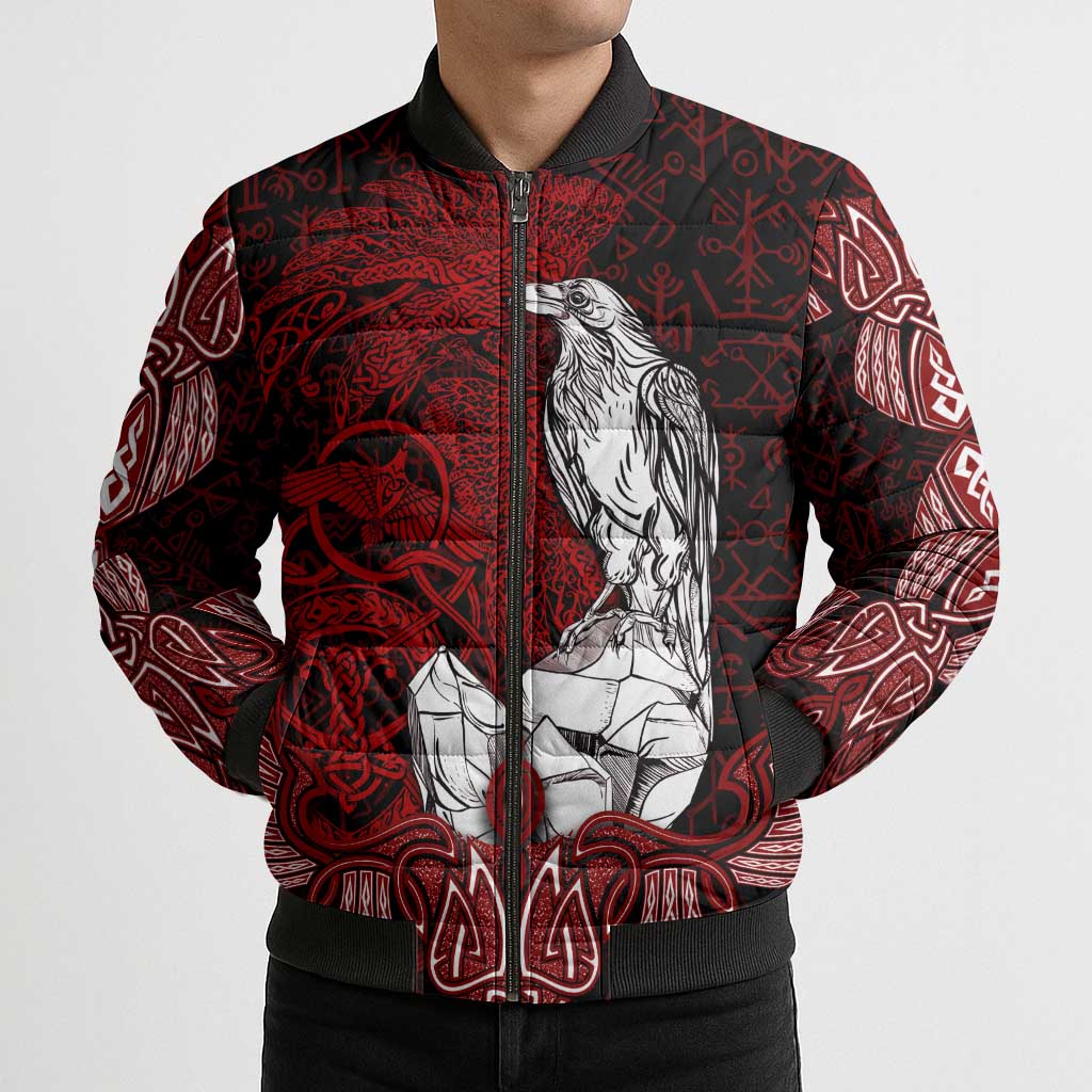 Raven and Serpent Norse Mythology Bomber Puffer Jacket Red and White Viking Line Art