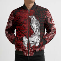 Raven and Serpent Norse Mythology Bomber Puffer Jacket Red and White Viking Line Art