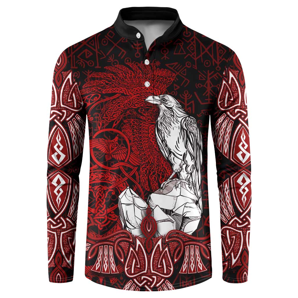 Raven and Serpent Norse Mythology Button Sweatshirt Red and White Viking Line Art