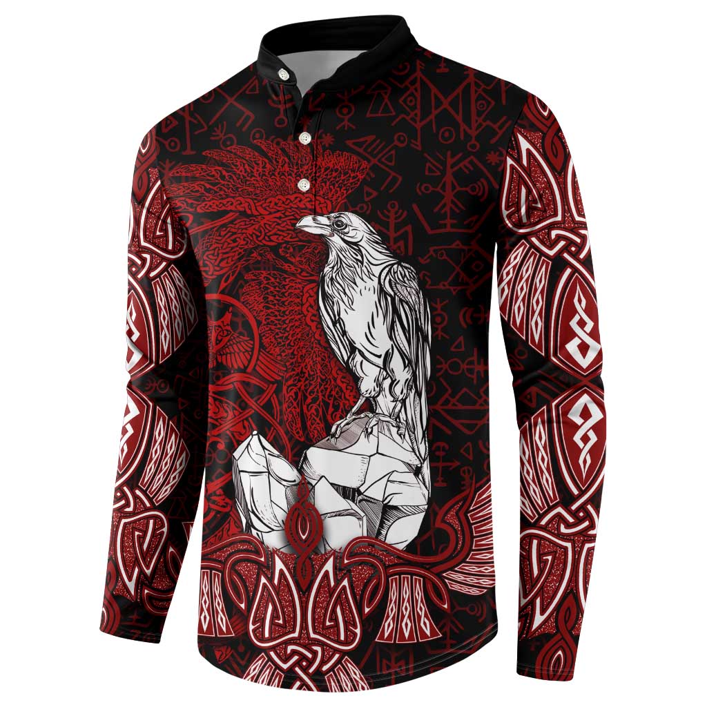 Raven and Serpent Norse Mythology Button Sweatshirt Red and White Viking Line Art