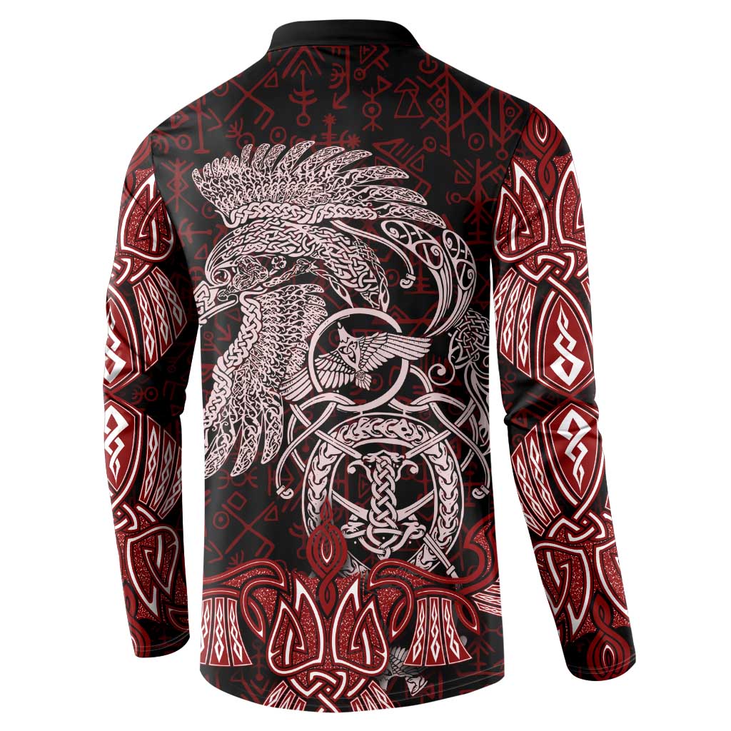 Raven and Serpent Norse Mythology Button Sweatshirt Red and White Viking Line Art