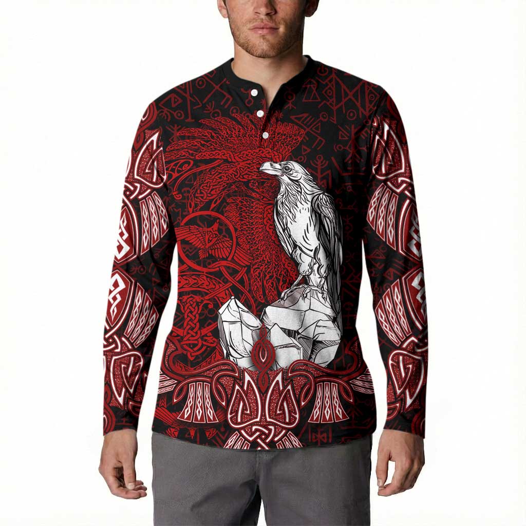 Raven and Serpent Norse Mythology Button Sweatshirt Red and White Viking Line Art