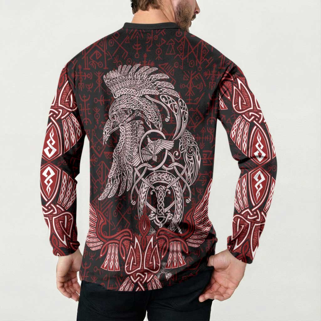 Raven and Serpent Norse Mythology Button Sweatshirt Red and White Viking Line Art