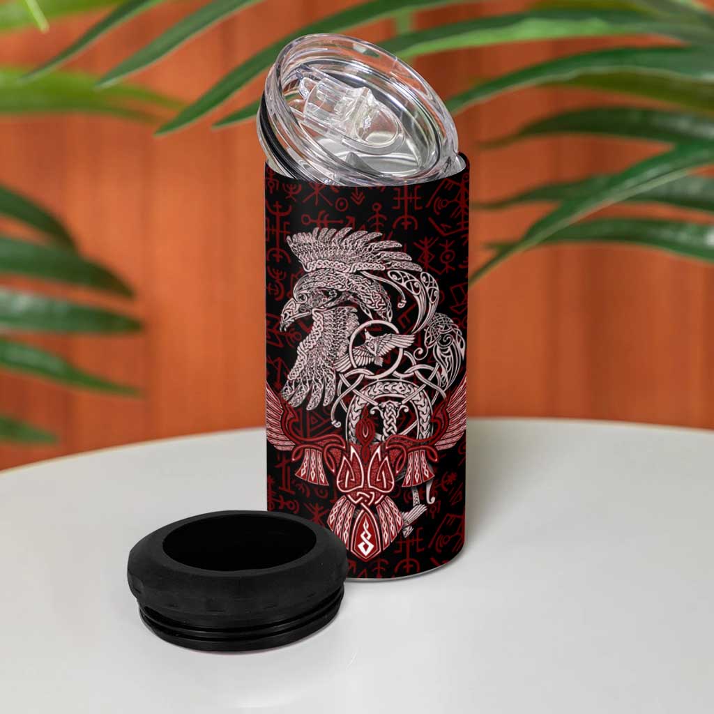 Raven and Serpent Norse Mythology 4 in 1 Can Cooler Tumbler Red and White Viking Line Art
