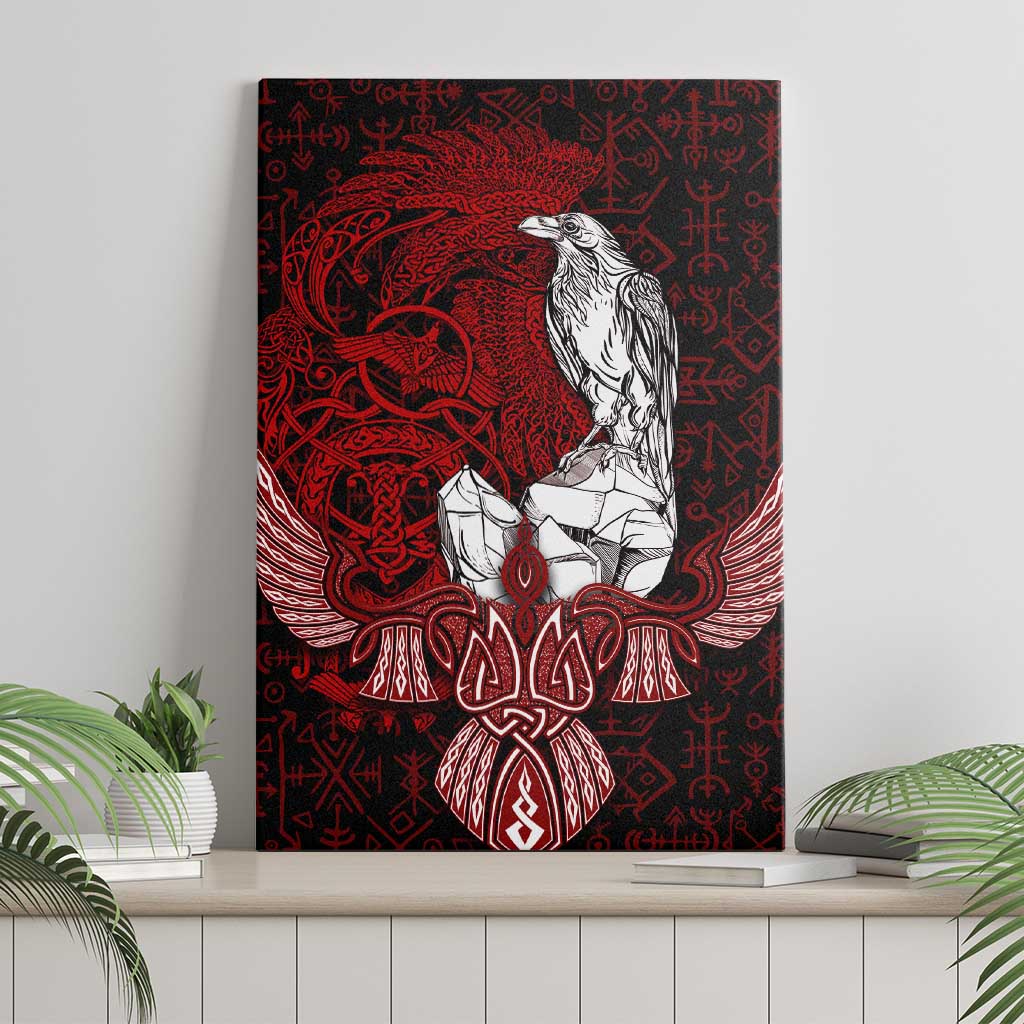 Raven and Serpent Norse Mythology Canvas Wall Art Red and White Viking Line Art