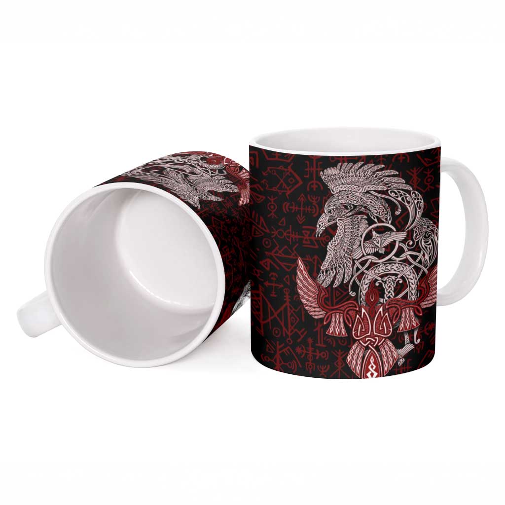 Raven and Serpent Norse Mythology Ceramic Mug Red and White Viking Line Art