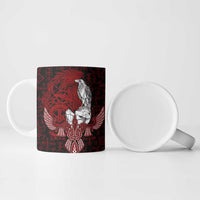 Raven and Serpent Norse Mythology Ceramic Mug Red and White Viking Line Art