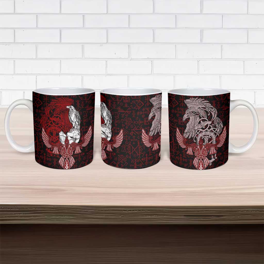 Raven and Serpent Norse Mythology Ceramic Mug Red and White Viking Line Art
