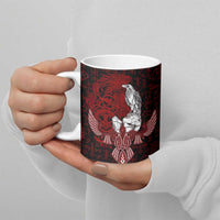 Raven and Serpent Norse Mythology Ceramic Mug Red and White Viking Line Art