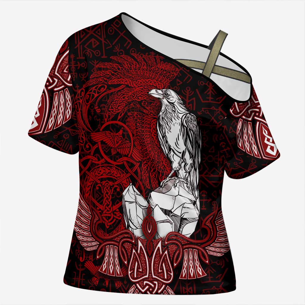 Raven and Serpent Norse Mythology Cross Shoulder Shirt Red and White Viking Line Art